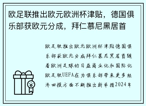 欧足联推出欧元欧洲杯津贴，德国俱乐部获欧元分成，拜仁慕尼黑居首